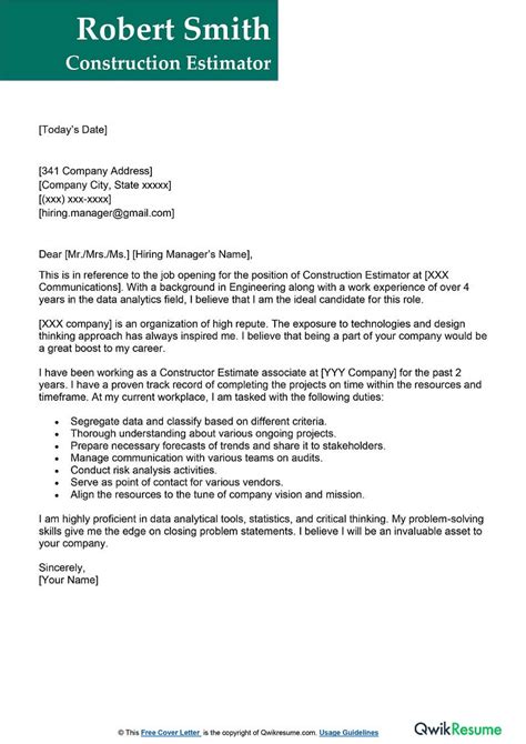 construction estimator cover letter examples qwikresume