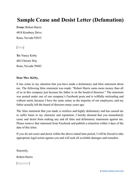 sample cease  desist letter defamation  printable
