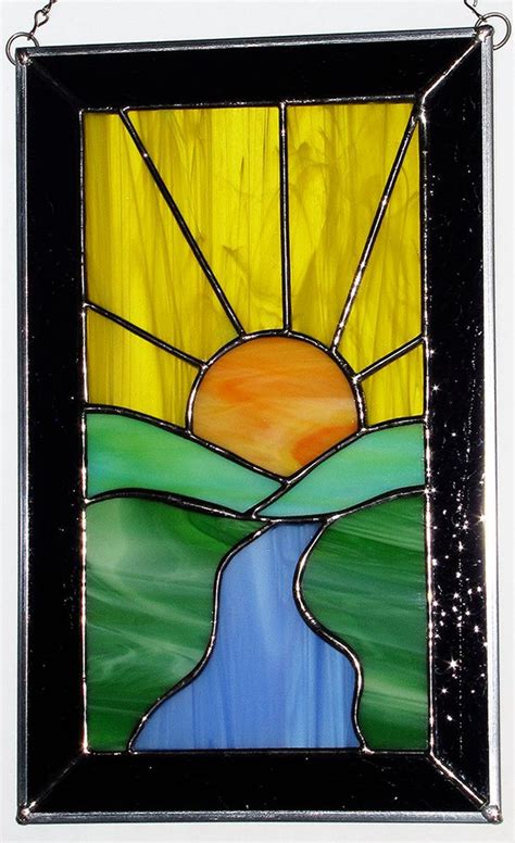 Stained Glass Suncatcher Sun Setting Landscape Sunset River Etsy