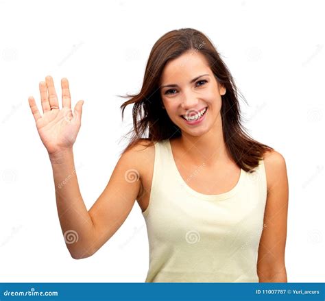 beautiful woman waving hand  white stock image image  background cheerful