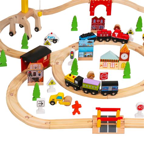 pcs hand crafted wooden train set crossing railway track kids children toy  ebay