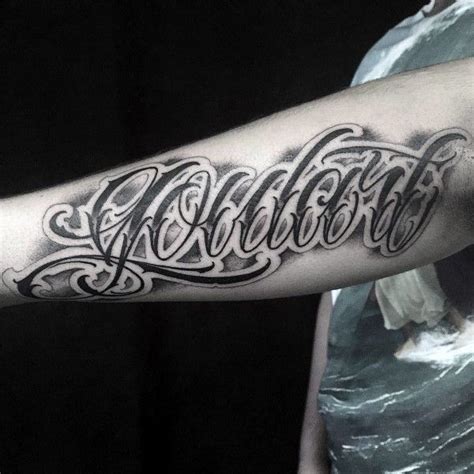 Shaded Script Black And Grey Male Inner Forearm Tattoos Tattoo Script