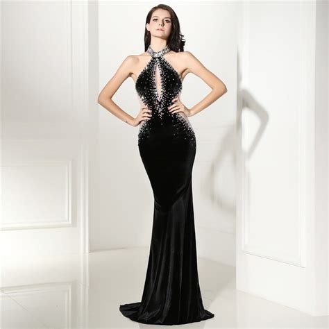 Sexy Halter Neck Black Mermaid Prom Dress Velvet Unique Beaded Crystals