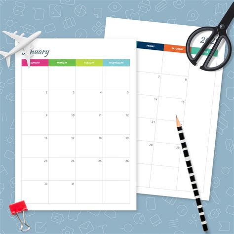 colorful monthly calendar  page template printable
