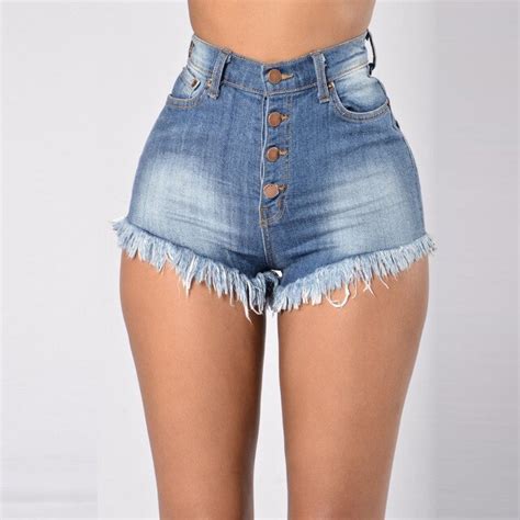 high waist short jeans women sexy denim shorts buttons bleached fringe