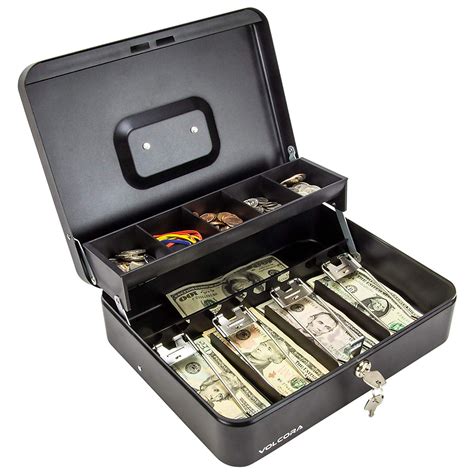 black steel cash box  safe key lock tiered money coin tray  bill slots portable