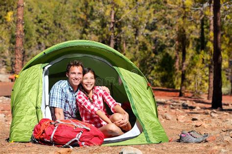 People Camping In Tent Happy Backpacking Couple Stock Image Image