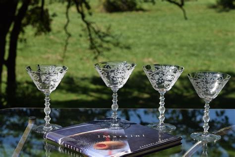Vintage Etched Cocktail ~ Martini Glasses Set Of 4 Cambridge Portia