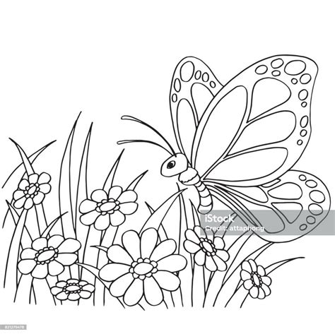 Ilustración De Dibujos Animados De Mariposas Y Flores Para Colorear