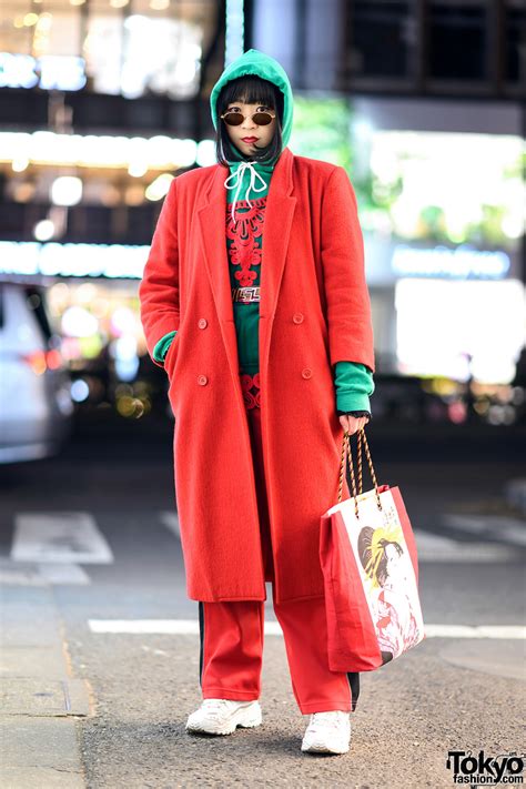 Colorful Tokyo Vintage Streetwear Style W Red Coat Green Hoodie