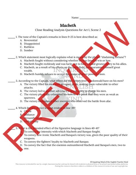 Macbeth Act 1 Scene 2 Close Reading Worksheet Teaching Resources