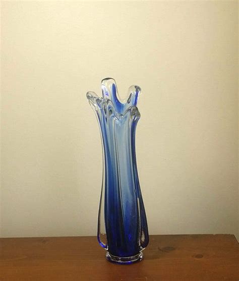 Vintage Swung Vase Blue And Clear Glass Stretch Vase Mid Century Home