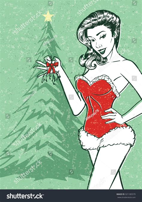 retro christmas pinup vector illustration sexy stock