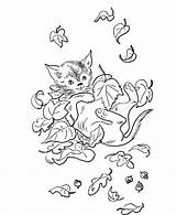 Fall Coloring Kitten Pages Leaves Playing Sheets sketch template