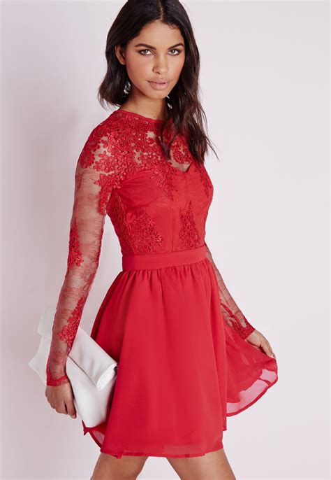 missguided premium lace long sleeve skater dress red lyst