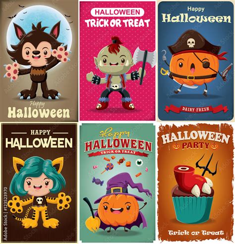 vintage halloween poster design set with vector wolf man orc tiger