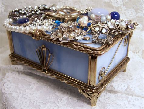 Blue Stained Glass Trinket Box Embellished With Vintage Jewelry Glass