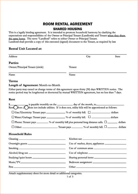 room rental agreement template word  templates  resume examples
