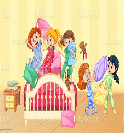 girls playing pillow fight at slumber party stock illustration