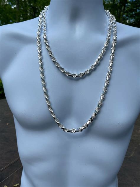 heavy mm mens rope chain real solid  sterling silver necklace