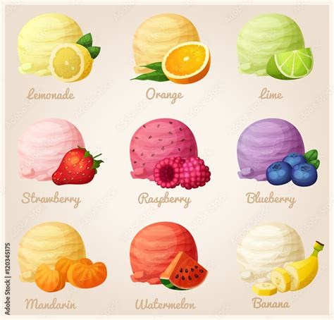 set  cartoon vector icons ice cream scoops   fruit