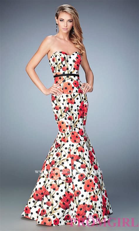 long polka dot print strapless prom dress  la femme discount
