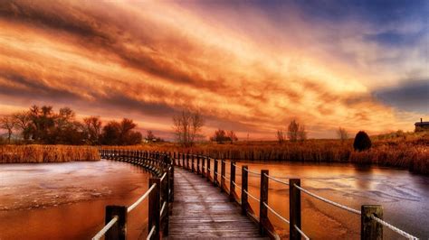 autumn river sky wooden bridge ultra hd  wallpaper