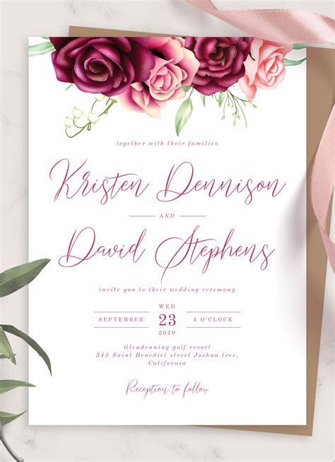 printable rose bouquet burgundy wedding invitation