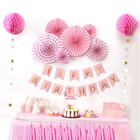 sunbeauty  set pink theme happy birthday decoration diy kids party favor princess happy