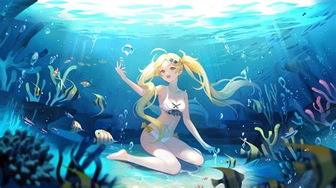 beautiful blonde mermaid sitting  top   blue ocean floor    aquarium