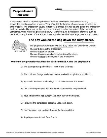 writing  prepositions worksheets  learning identifying