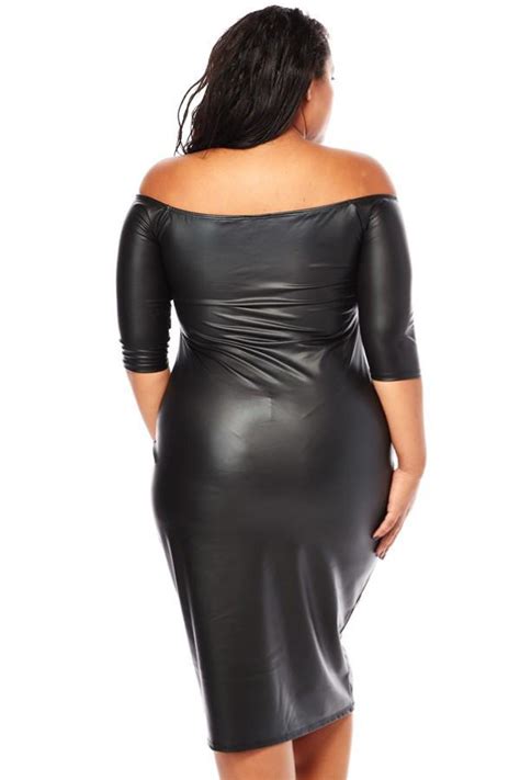 plus size sexy plunging shoulder leather dress slayboo