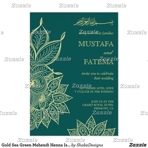 gold sea green mehendi henna islamic wedding invitation