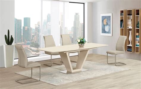 cream extending glass high gloss dining table   taupe chairs