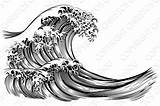Vague Waves Kanagawa Hokusai Engraved Giapponese Japonais Etching Engrave Creativemarket Drago Gravure Tsunami Incisione Japonaises Rage Vagues Cru Faisant Mer sketch template