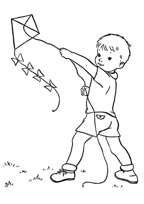 coloring pages kids flying kite  spring coloring page