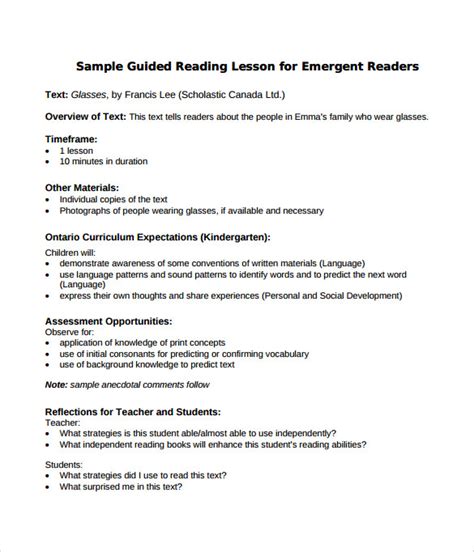 sample guided reading lesson plan templates   ms word