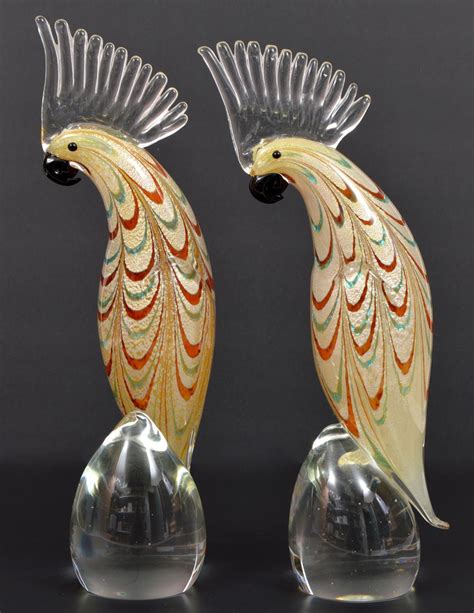 2 Murano Large Glass Parrot Bird Figurines