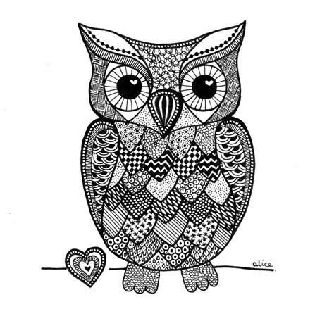 blackwhite zentangle inspired owl  heart  alice gerfault