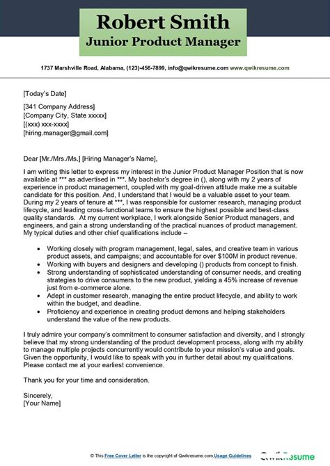 junior product manager cover letter examples qwikresume