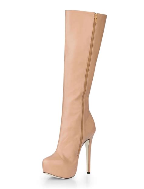 nude winter boots platform almond zip up high heel boots women knee