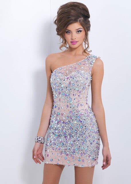 one shoulder above knee beaded cocktail dresses short illusion tight