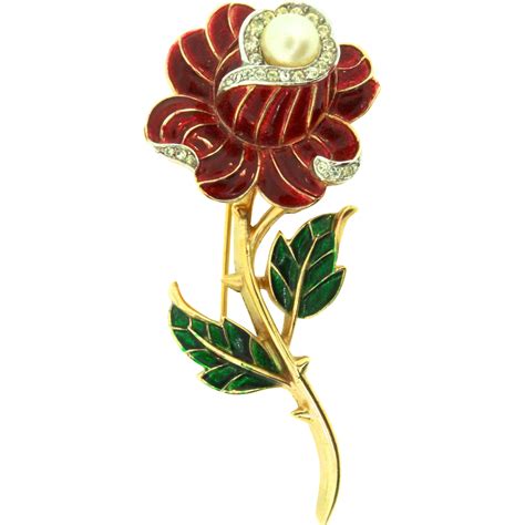 Vintage Trifari Red Enamel Rhinestone Fx Pearl Thorny Rose