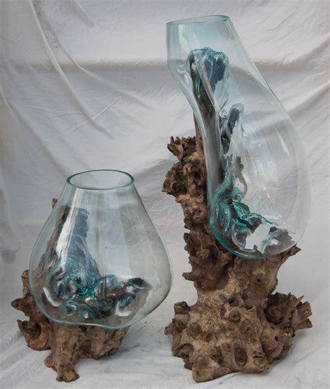 hand blown glass bowl melt  wood      oil candle vase