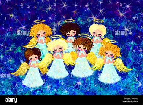 illustration choir angels cheerfully devoutly hands folded sings stars