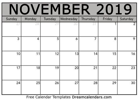 november  calendar  blank printable  holidays