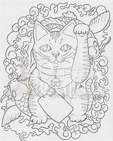 Cat Lucky Coloring Neko Maneki Tabby Diy sketch template
