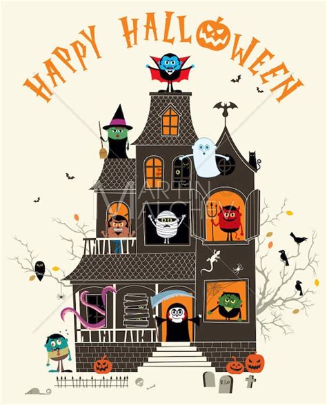 haunted house vector cartoon illustration halloween etsy