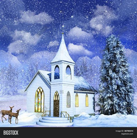 snow scene winter church deer image photo bigstock