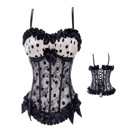 new women satin boned lace black ruffles polka dot corset
